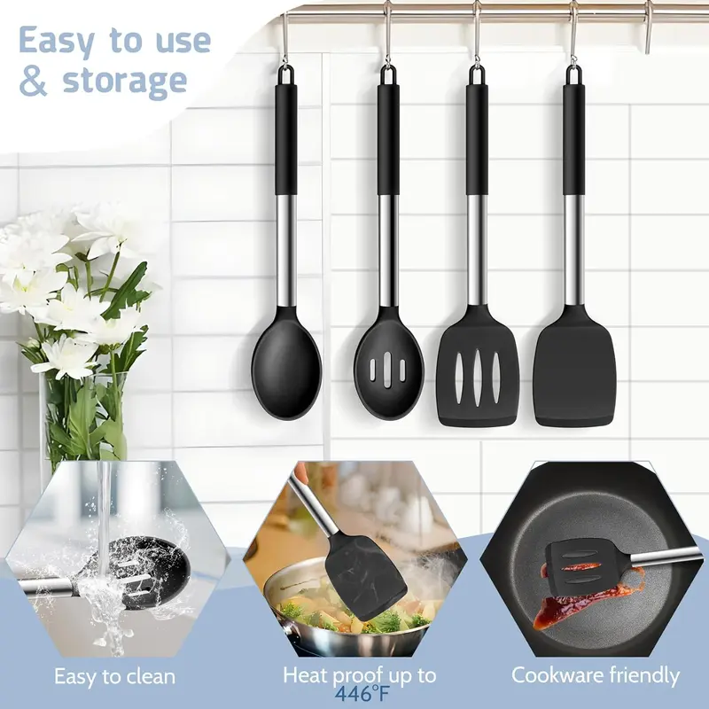 Black Silicone Turners Spoons Kitchen Utensil Set, 4Pcs for Cooking Serving Mixing, Heat Proof & Safe for Non-Stick Cookware, Stainless Steel Handle 2