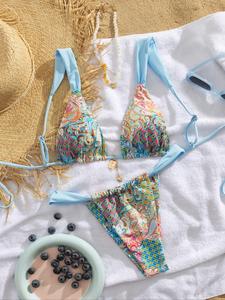 Women's Patchwork Print Bikini Set, Casual Adjustable Strap Tie Back Swim Top & Swim Bottom, Women's Swimsuit for Summer Beach Holiday Vacation, Beachswimsuits, Swimsuit Style Bikinis Set, Spaghetti Strap Bikini, Beach Bathing Suit