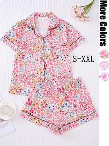 Two-Piece Set Women's Floral Print Crop Top & Elastic Waist Shorts Pyjama, Casual Comfy Short Sleeve Top & Shorts PJ Set, Ladies Summer Sleepwear Valentine's Day, gift Valentine's Day