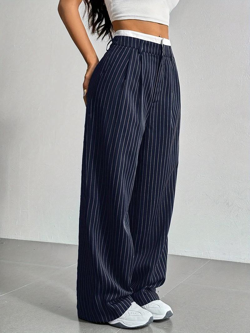 Product Introduction of Women's High-Waist Striped Wide-Leg Blazer Pants - Navy Blue & White Vertical Stripes, Polyester, Casual Style, Machine Washable, Spring/Summer/Fall Wear, Versatile Legwear | Wideleg Design | Glossy Texture, Wide Leg Pants 25