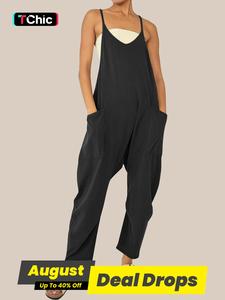 Women's Solid Color Pocket V Neck Overall Jumpsuit without Tube Top, Casual Basic Adjustable Spaghetti Strap Sleeveless Overall Jumpsuit for Summer, Casual Comfy Overalls, Womenswear, Minimalist Relaxed Fit Overall, Baggy Stylish Jumpsuit