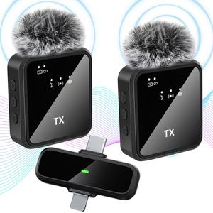 Wireless Lavalier Microphone, Rechargeable Mini Microphone with Noise Cancellation, Portable Black Microphone for Video Recording, Vlog, Live Streaming Equipment