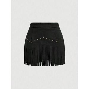 Women's Tassel Decorated Short Skirt, Elegant Solid Color Zipper Skirt Suitable for Daily Wear, Women's All-Season Bottoms, Skirt, Casual Sports Skirt, Tassel Skirt Pants, Yoga Skirt 2  piece  skirt jeans double denim