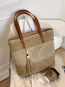 Women's Elegant Straw Woven Tote Bag, Fashionable Colorblock Handbag with Tassel Charm, Large Capacity Shoulder Bag for Beach Vacation