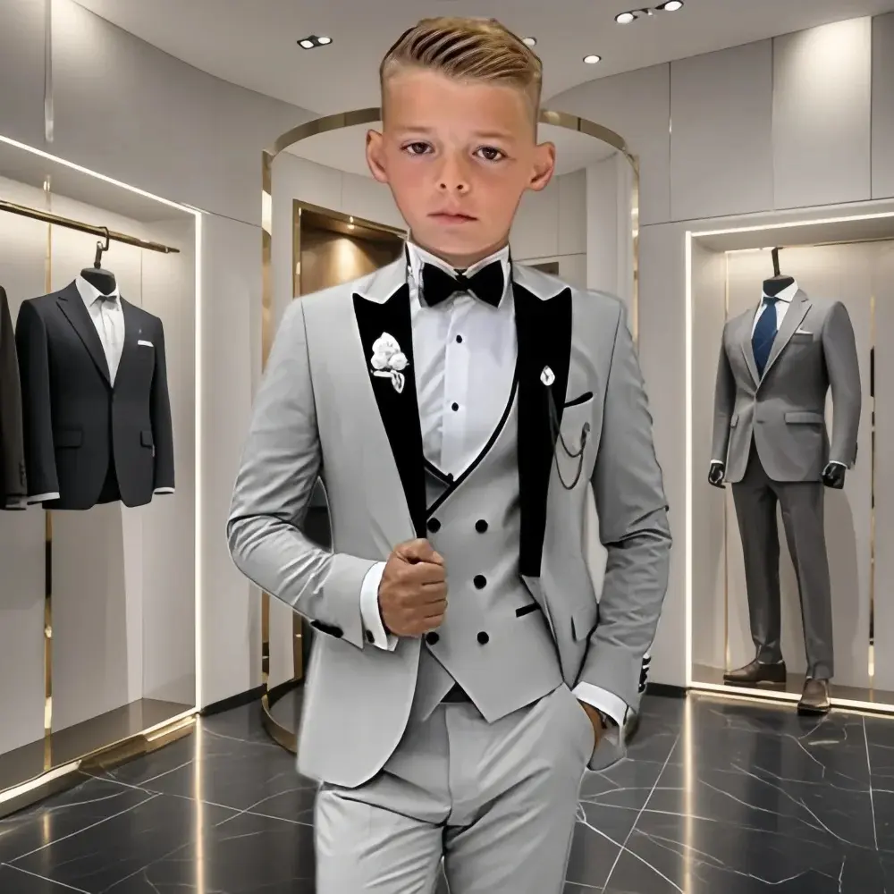 Three-Piece Collar Suit Set for Kids (3-14 Years) – Boys’ Wedding Tuxedo Blazer, Vest & Pants Set
