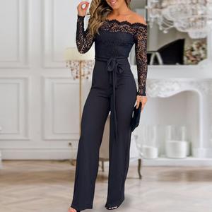 ChicMe Women's Off Shoulder Long Sleeve Eyelash Lace Patch Slim Fit Jumpsuit Tied Detail Casual Overalls Womenswear Comfort