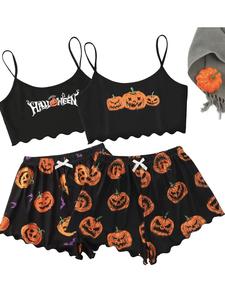 Women's Halloween & Christmast Print Pyjama Set, Casual Lettuce Trim Crop Cami Top & Elastic Waist Shorts Pj Set, Comfort Lounge Set for Women