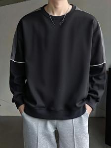 Men's Solid Color Patched Drop Shoulder Sweatshirt, Loose Casual Long Sleeve Round Neck Pullover for Fall & Winter, Men's Clothes for Daily Wear