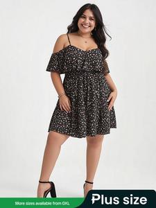 【Plus Size】ditsy Floral Print Cold Shoulder Ruffle Trim Spaghetti Strap A Line Dress, Casual Boho Romantic Short Dress for Beach Vacation Holiday, Dresses for Women, Women's Clothes for Summer, Bohemian Womenswear, Summer Dresses 2025, Boho Style
