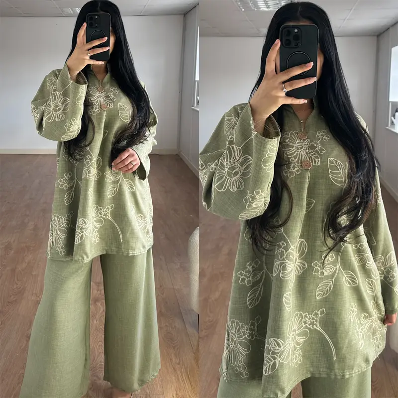 Ladies Premium Floral Embroidered Magic Button Linen Two Piece Co-Ord Set Womens Cotton Long Flare Sleeve Top Wide Leg Pants Trousers Loose Fit Summer Holiday Modest Loungewear Womenswear Overall Outfits 3