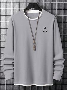 Men's 2 in 1 Cartoon Face Print Drop Shoulder Crewneck Tee without Necklace, Graphic Tee, Asual Regular Fit Longsleeves Crewneck T-shirt for All Seasons, Men's Top for Daily Menswear, Graphic Tees