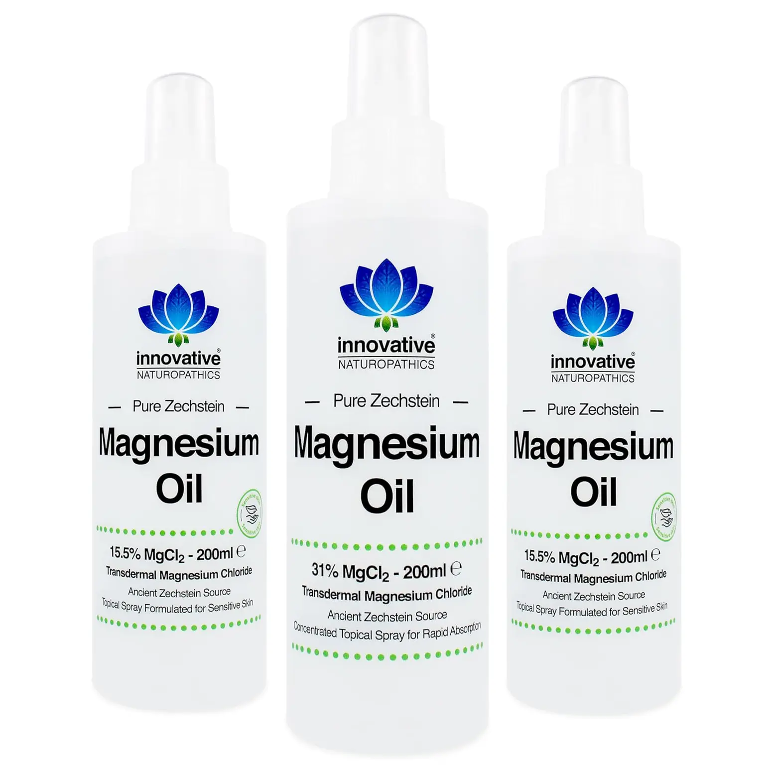 Innovative Naturopathics Pure Magnesium Chloride Oil Spray Topical Muscle Relief Mineral 200ml - Regular (31%) or Sensitive Skin (15%) Body Care Comfort