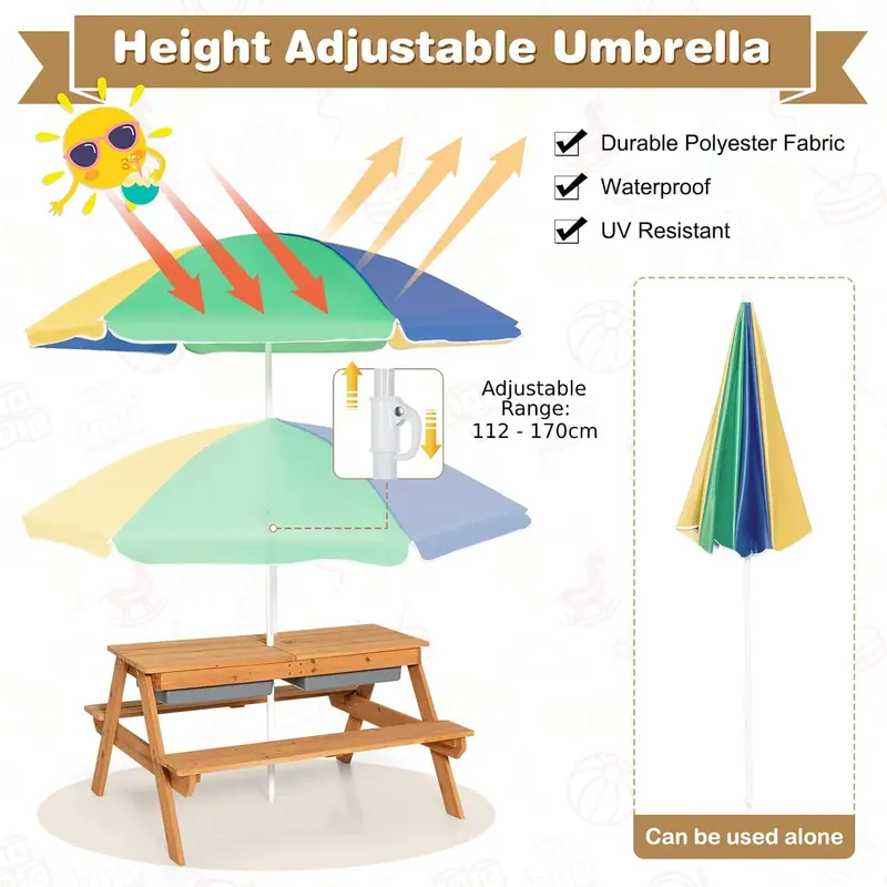 COSTWAY Kids Picnic Table, 3-in-1 Wooden Sand & Water Play Table and Bench Set with Adjustable Umbrella and Detachable Tabletop, Children Garden Furniture Parasol for Girls Boys 2