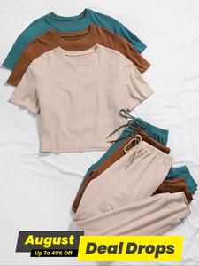 Women's Solid Pants Basic Set, Casual Chic Lounge Short Sleeve T-shirt & Drawstring Tie Front Pants, Summer Clothes for Daily Wear, Minimalist Womenswear, Pajama Set, Loungewear