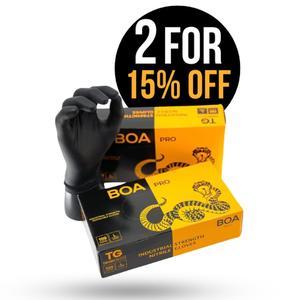 2 Boxes of BOA PRO by Tough Glove - 2 Boxes of 100 Gloves (200 Gloves) Strong Black Disposable Nitrile Gloves, Latex and Powder Free, 2x Thicker than regular nitrile gloves.