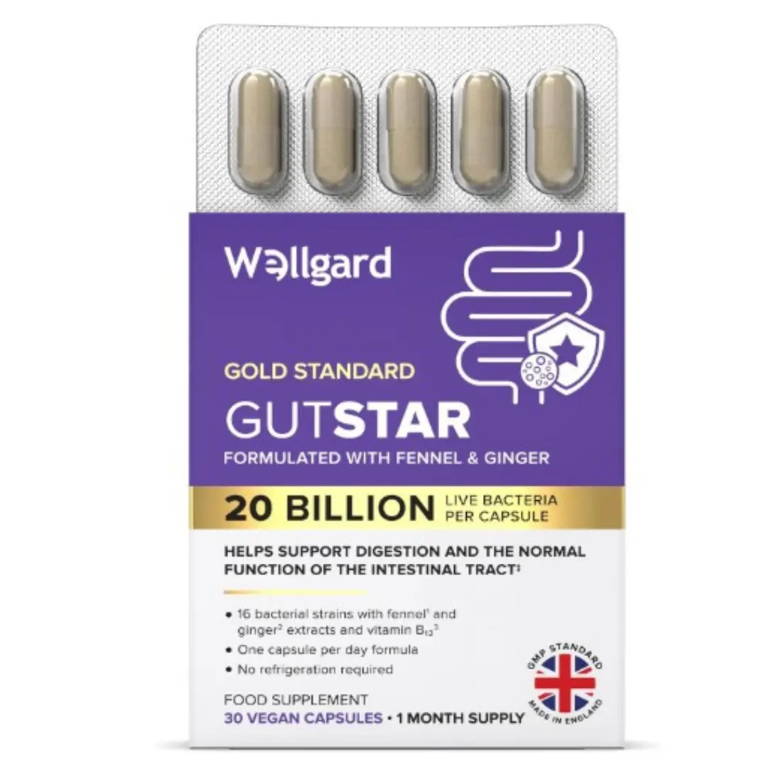 Wellgard Gutstar Probiotics - 16 Strain Probiotics for Gut Health with Fennel and Ginger, Vegan, UK Made