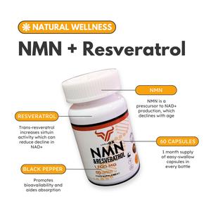 NMN Nicotinamide + Resveratrol | 99.9% Purity | 1100mg | Fitness | Dietary | Natural Healthcare Supplement