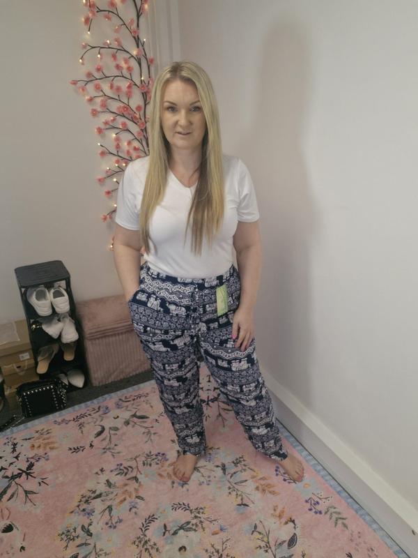 QTL - Elephant Print Trousers (Sized) 12-24 Hemmed bottom , 28 inch inside leg, cute , summer , soft , lightweigh , elasticated waistband Casual Comfort Comfortable Lightweight Pants Style Womenswear Fit 6