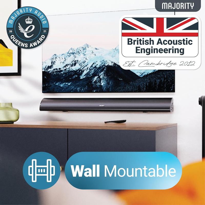 MAJORITY Bluetooth Sound Bar for TV |   Built-in Subwoofer |   120 Watts 2.1 Channel Sound |   RCA, Optical, and AUX Connection |   Wall Mountable |   Remote Control included Snowdon TV Soundbar 3