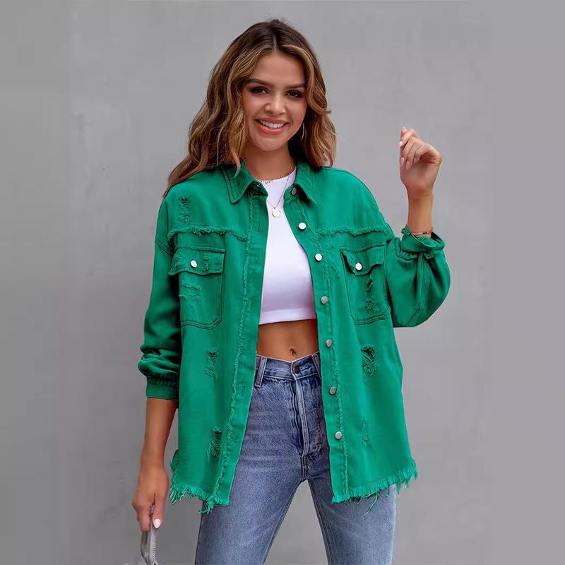 2025 New Denim Jacket Women's Solid Color Loose Jacket Ripped Long Sleeve Women's Denim Shirt Hot Selling 2