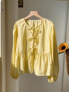 Women's Striped Print Tie Front Blouse, Casual Bishop Sleeve Top for Daily Wear, Ladies Clothes for Spring & Fall