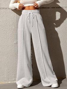 Women's Plain Drawstring Waist Straight Leg Pants, Casual Pocket Elastic Waist Trousers for Daily Wear, Ladies Bottoms for All Seasons