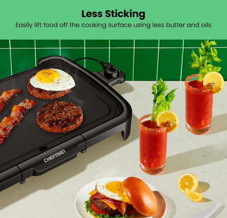 Chefman XL Electric Grill Pan with Detachable Temperature Control, Dipable Flat Grill, Hamburger Grill, Egg Grill, Pancake Grill, Large Non-Stick Cooking Surface, Slide-Out Drip Tray, 10 x 20 Inches 4