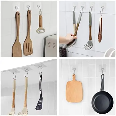 6PCS Self Adhesive Hook, Upgraded 35 lb/ 15kg (Max) Strong Sticky Hooks for Hanging Heavy Duty, Damage Free Large Size Wall Hooks Up, Clear Stick on Hook for Home Bathroom Kitchen and Office 4