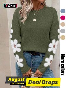 Women's Floral Print Drop Shoulder Sweater, Casual Long Sleeve Round Neck Jumper for Fall & Winter, Fashion Ladies' Knitwear for Daily Wear, Workwear for Women, Tops, Womenswear