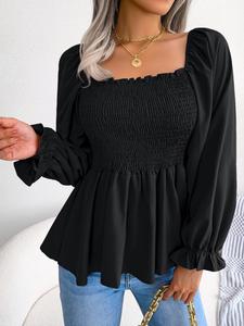 Superfancyfashion Women's Plain Frill Ruffle Shirred Square Neck Blouse, Solid Long Sleeve Flounce Sleeve Peplum Tops, Ladies Casual Clothes for Spring & Fall, Summer Outfits 2024