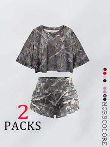 Women's All Over Print Crop Tee & Shorts Two-piece Set, Casual Short Sleeve Top & Shorts for Summer, Ladies Matching Clothes for Daily Wear, Summer Clothes Set