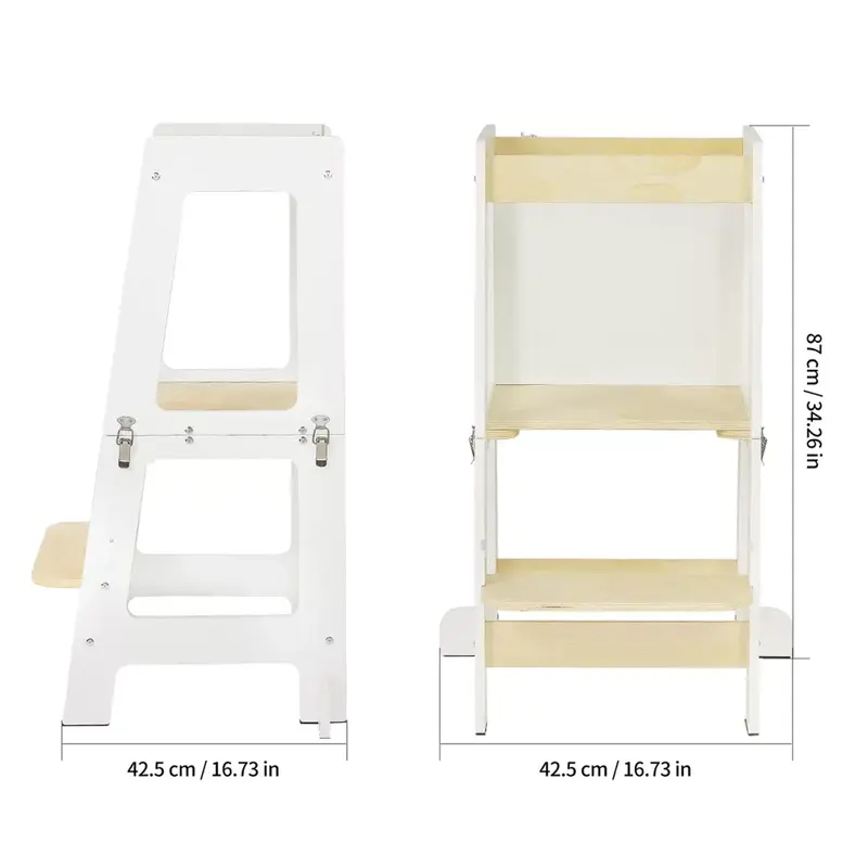 3-in-1 Toddler Learning Tower Kids Step Stool & Mini Desk with Safety Rail Black And white 2
