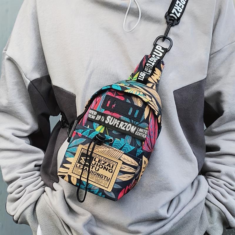 ANIELGARD  Men's Lightweight Anti-Theft Sling Bag with Tropical Leaf and Letter Print: Adjustable Crossbody Chest Pack Perfect for Travel, Work, and Sports. Great as College, School, Christmas, and Thanksgiving Gifts. 1