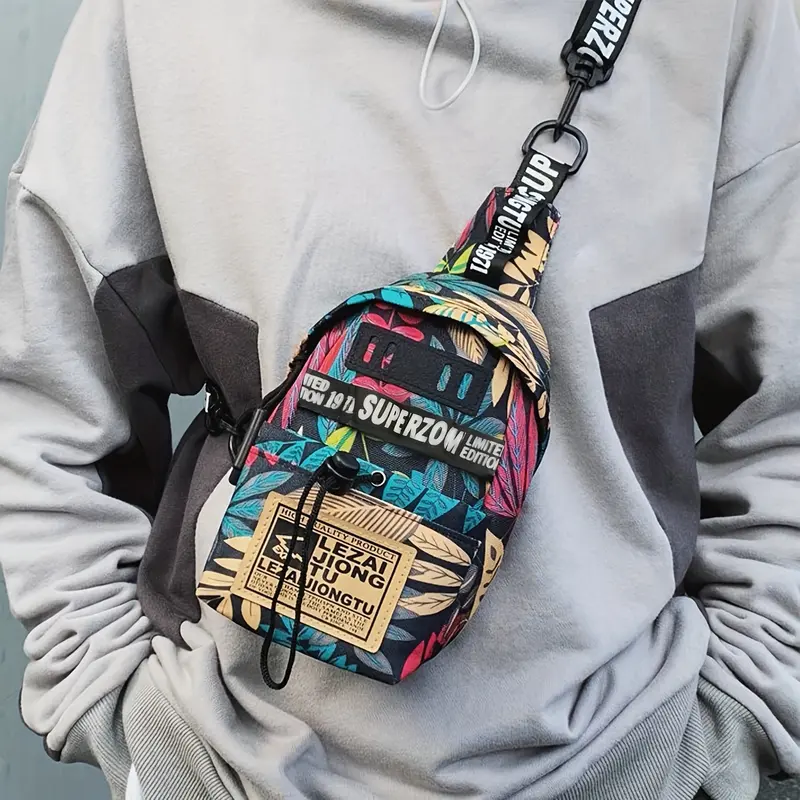 ANIELGARD  Men's Lightweight Anti-Theft Sling Bag with Tropical Leaf and Letter Print: Adjustable Crossbody Chest Pack Perfect for Travel, Work, and Sports. Great as College, School, Christmas, and Thanksgiving Gifts. 1