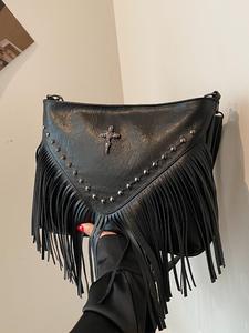 Women's Fashionable Tassel Design Cross Patched Decor Crossbody Bag, Casual Solid Color Pu Leather Zipper Shoulder Bag with Adjustable Strap for Daily Used, Trendy All-match Bag, Fashionable Bohemian Bag, PU