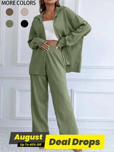 Two-Piece Set Women's Solid Textured Button Front Shirt & Straight Leg Pants, Casual Drop Shoulder Long Sleeve Collared Top & Elastic Waist Trousers for Spring & Fall, Women's Clothes for Daily Wear