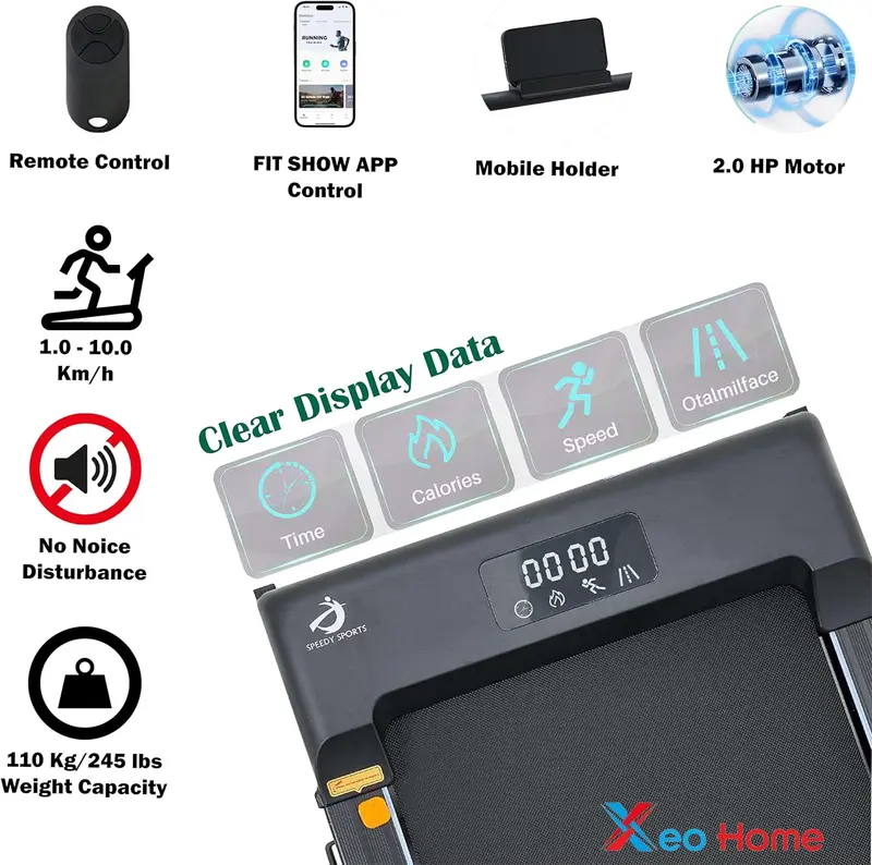 Foldable Walking Pad Treadmill for Home & Office - Compact Under Desk Electric Running Machine with Handle, Remote Control & App, 2HP Motor, 1-10Km/H Speed, 110kg/245lbs Capacity - Portable & Convenient Fitness Solution 3