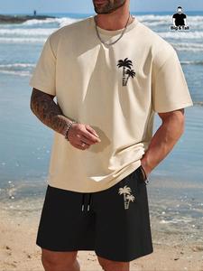 Men's Plus Size Regular Fit Coconut Tree Print Tee & Drawstring Waist Pocket Shorts Set, Casual Short Sleeve Round Neck T-shirt & Track Shorts, Two-piece Outfits for Summer Beach Vacation, Shortsleeve Clothes, Menswear