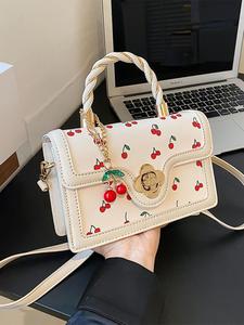 Women's Cherry Pattern Design Handbag, Fashionable Cute Crossbody Bag with Twist Handle, Casual All-match Commuter Bag with Pendant for Work & Daily Used, Daily Clothing Decor