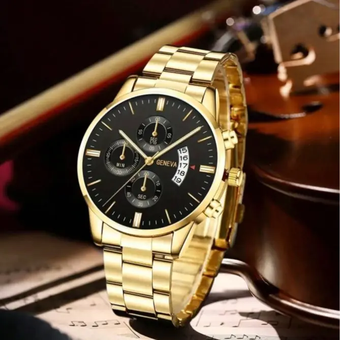 Men Quartz Watches, Men's fashion luxury casual watch,waterproof Quartz wristwatch for men gold strap 2