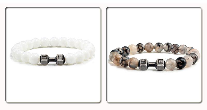 Product Introduction of Natural Volcanic Stone Bracelet Men Matte Black Lave White Beads Charm Dumbbell Strand Bracelets Women Barbell Fitness Jewelry 23