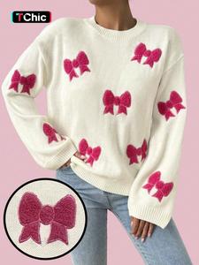 Women's Bow Patched Drop Shoulder Sweater, Casual Long Sleeve Round Neck Jumper for Fall & Winter, Fashion Ladies' Knitwear for Daily Wear Valentine's Day, gift