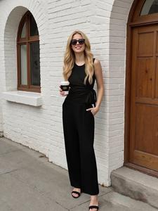 Women's Solid Ribbed Tie Side Tank Top & Wide Leg Pants Two-piece Set, Casual Sleeveless Round Neck Top & Trousers for Daily Wear, Ladies Two-piece Outfits for All Seasons