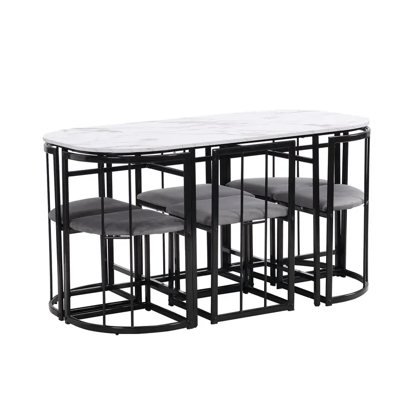 Six-chair dining table set: (White table, chairs with backrests and gray cushions, black iron frame), dining room table and chair set, modern dining table combination 6
