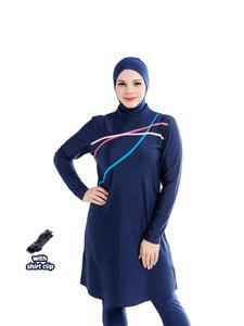 Three-piece Set Women's Striped Print Long Sleeve Islamic Swimwear Set, Modest Casual Mock Neck Swim Top & Elastic Waist Swim Pants & Hijab Set, Ladies Swimsuit for All Seasons,  Full Coverage Swim