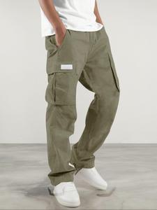 Men's Solid Patched Flap Pocket Drawstring Waist Cargo Pants, Casual Comfy Drawstring Street Fashion Loose Elastic Straight Leg Plain Trousers for Daily Wear, Menswear, Men's Bottoms for All Seasons, Comfortable Fabric