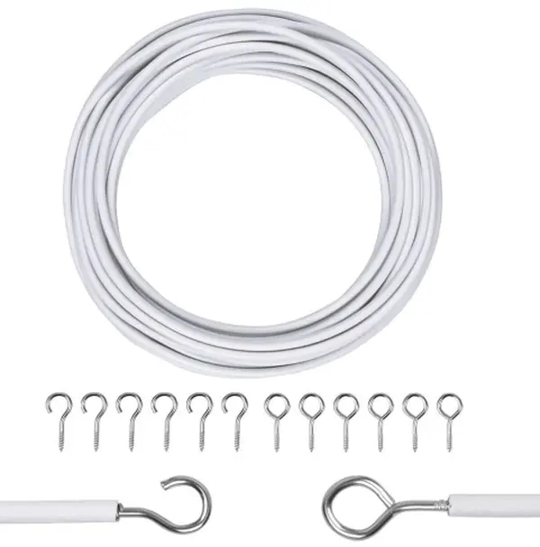Net Curtain Wire with Hooks and Eyes - 3 m Extra Strong Curtain Wire with 4 Hooks and Eyes - Perfect Curtain Wire Kit, White