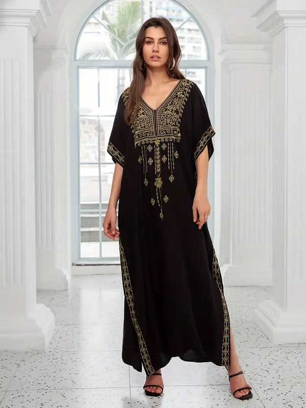 EDOLYNSA Plus Size Women's Middle Eastern-Inspired Casual Short Sleeve Batwing Sleeve V-Neck Split Hem Maxi Kaftan Dress - Lightweight Beach Dress for Spring Summer Fall, Hand Wash Only, Vacation Outfit, Loose Fit, Flowy Material, Vacation Wardrobe 3