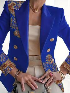 Women's Ethnic Pattern Button Blazer without Tee, Elegant Long Sleeve Lapel Outerwear for Work Office Business, Ladies Spring & Fall Clothes
