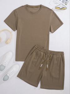 Men's Solid Color Short Sleeve Tee & Drawstring Waist Shorts Set, Regular Fit Casual Comfy Round Neck Shortsleeve T-shirt & Pocket Track Shorts, Men's Summer Clothes, Loungewear